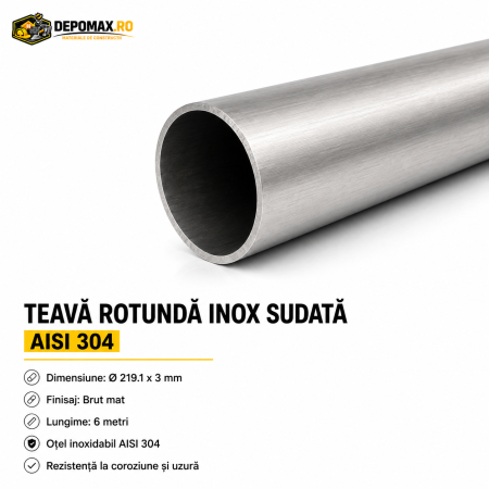Teava rotunda inox sudata AISI 304, 219.1 x 3 mm, 6 metri